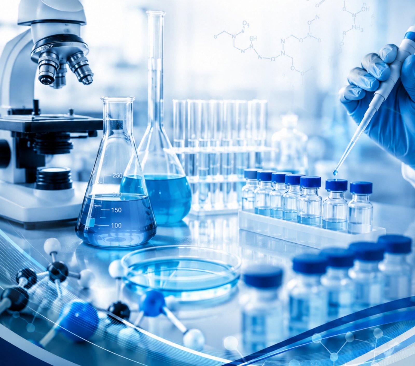 Laboratório com microscópio, vidraria e amostras